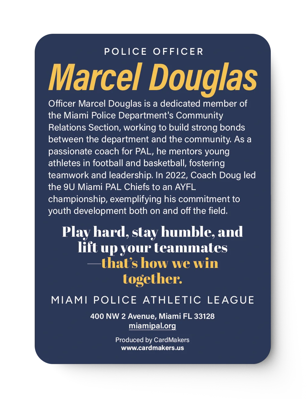 Miami Police Athletic League - Custom Trading Card - Back